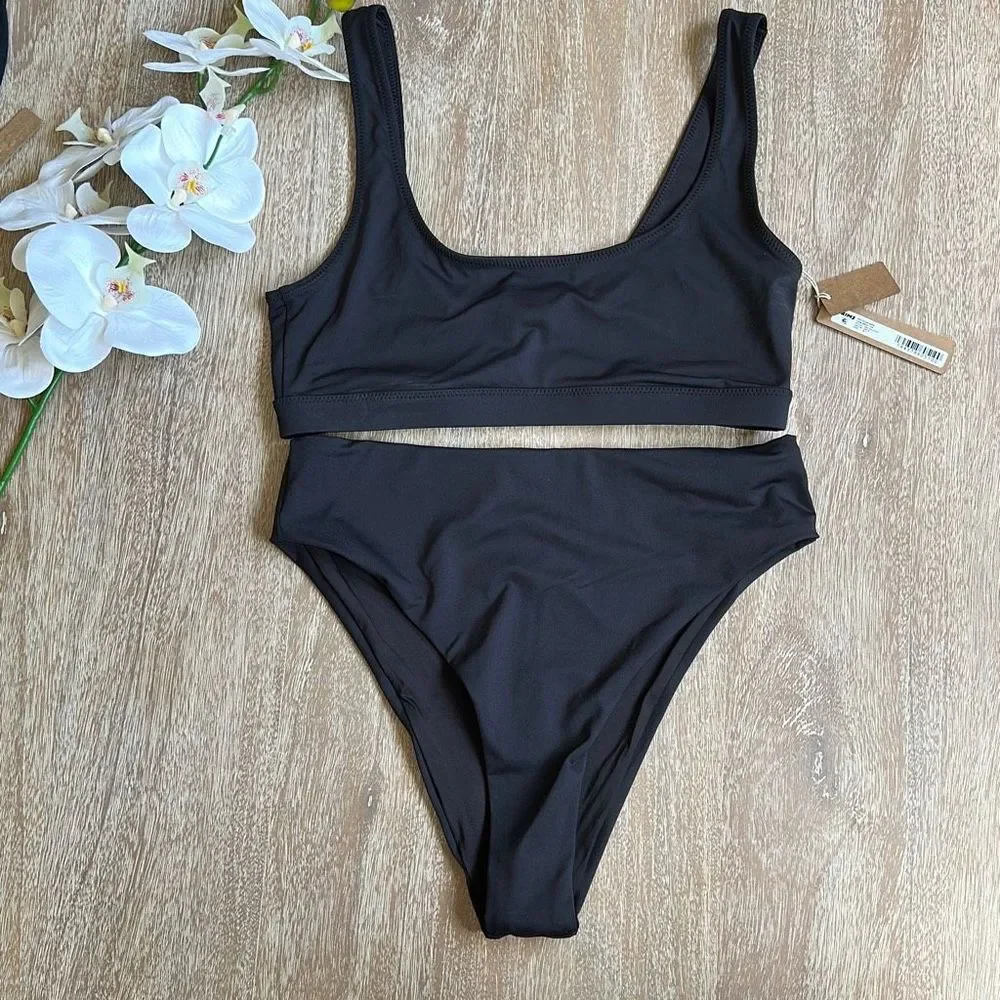 SKIMS Signature Swim Tank Bikini Top & Mid Waist Bottom Onyx Size M